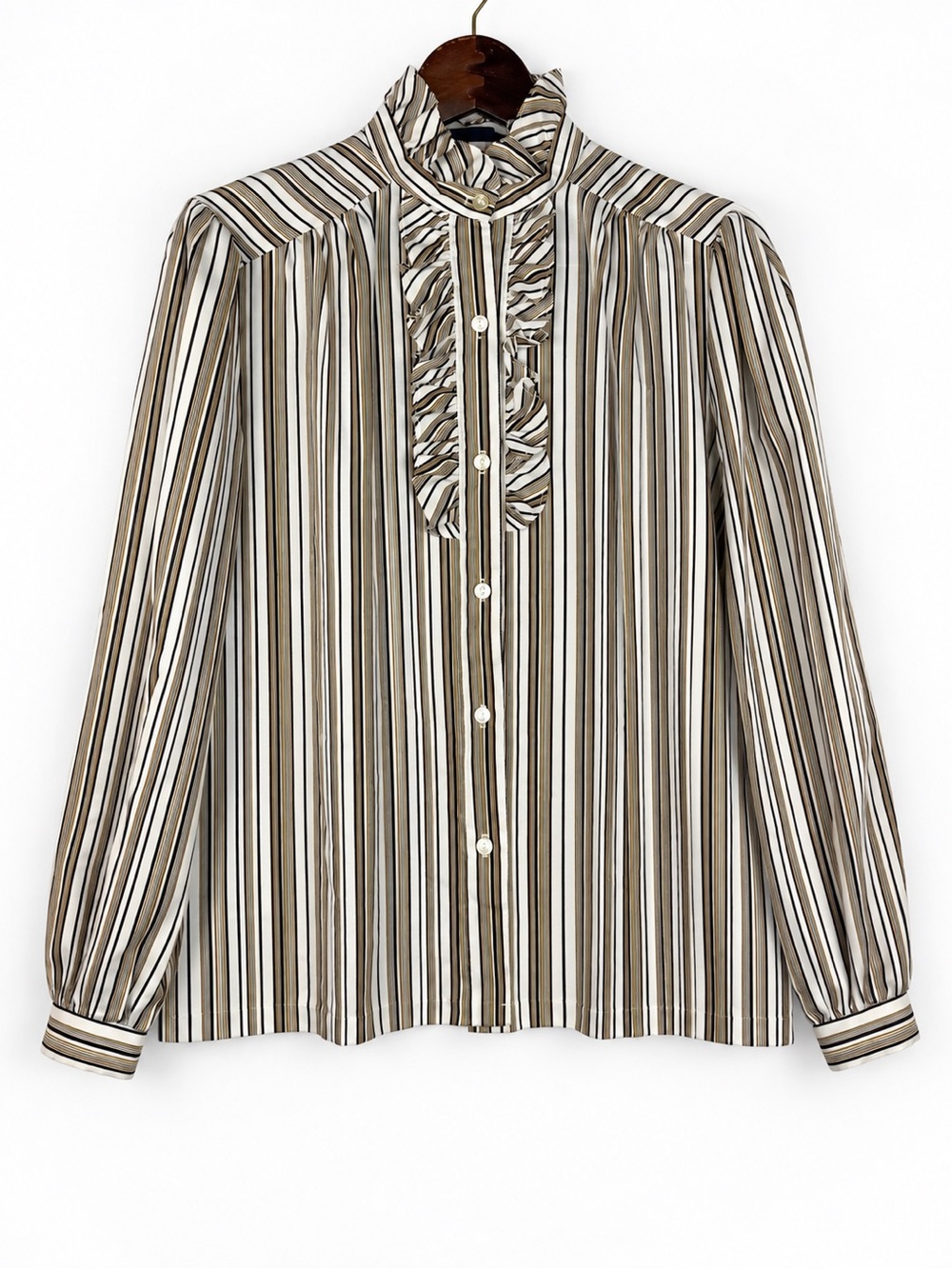 Vintage 80s 90s Ruffle Secretary Blouse Striped Victorian Prairie 14